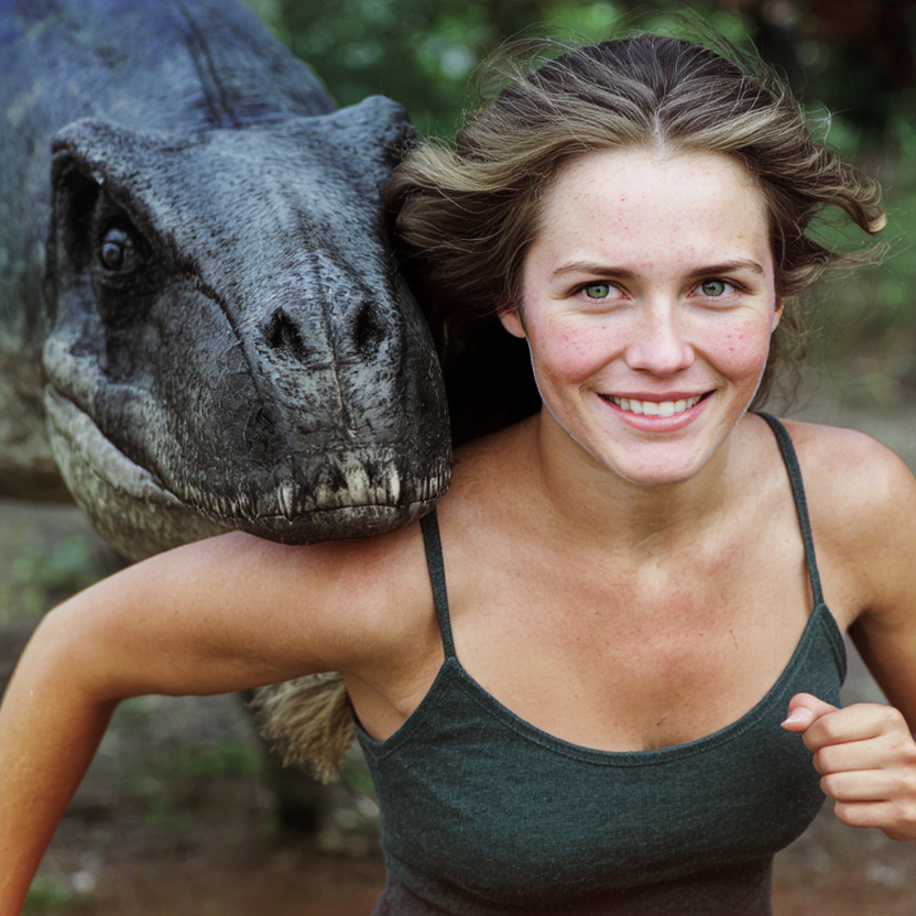 film photograph portrait of blonde woman with a dinosaur, the green-eyed woman has moderately blemished skin with visible lines and pores, she smiles, film grain