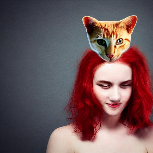 image_a woman with red hair and a cat on her head.png