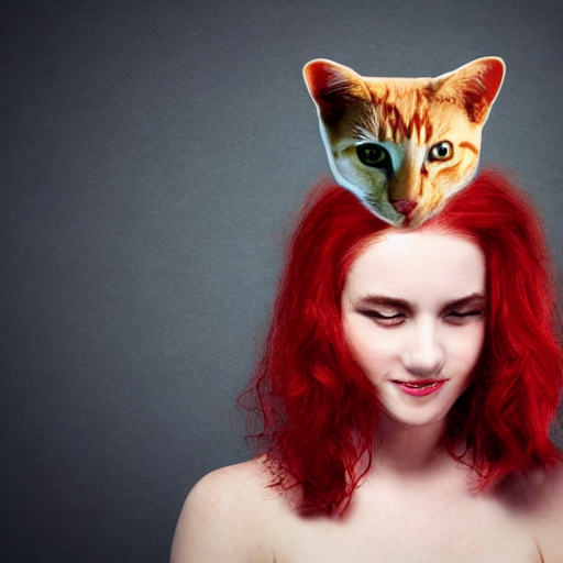 image_a woman with red hair and a cat on her head.png