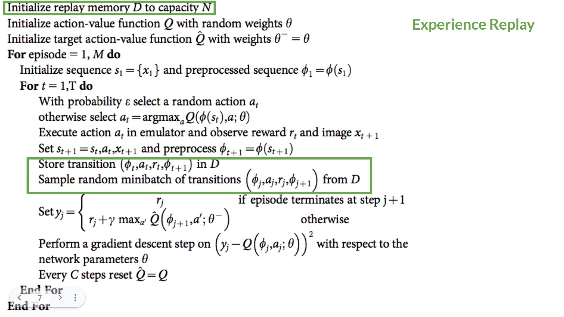 Experience Replay Pseudocode