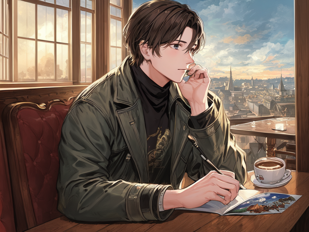 A drawing of a cute man writing and drinking coffee at a table , AnimeChan style.png