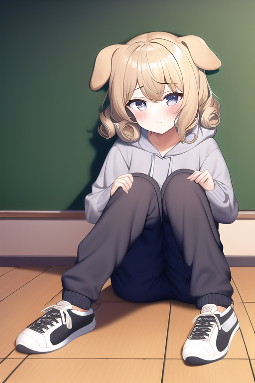 Sad puppy girl with curly hair in school sitting on ground, AnimeChan Style.png