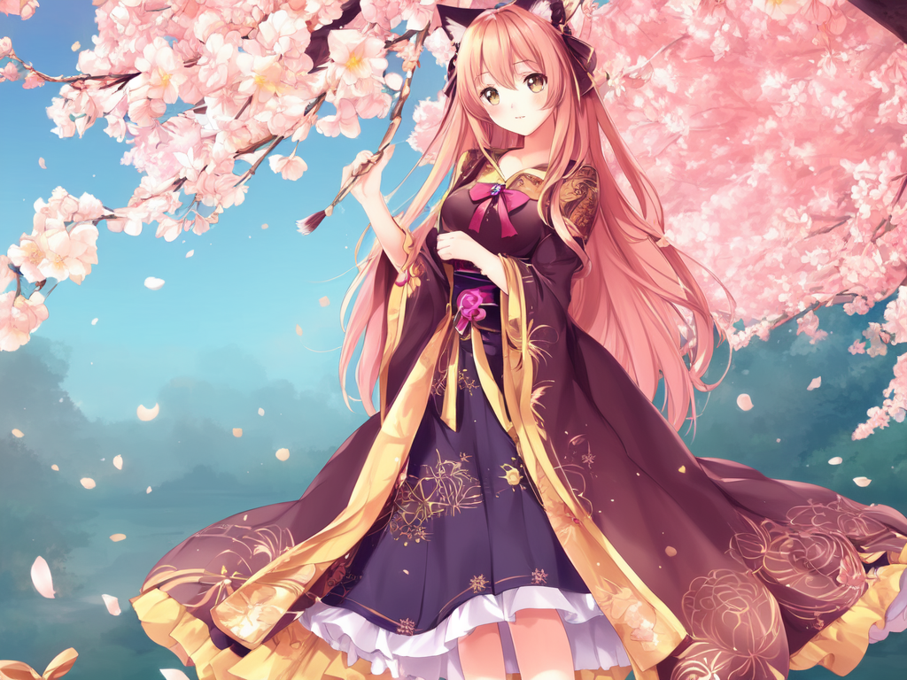 a catgirl under a cherry tree , AnimeChan style.png
