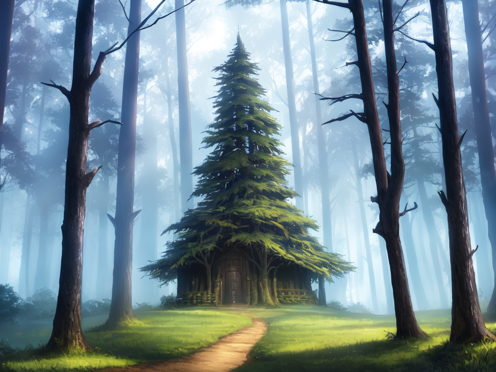 a giant tree in the middle of dead trees in the forest , AnimeChan style.png