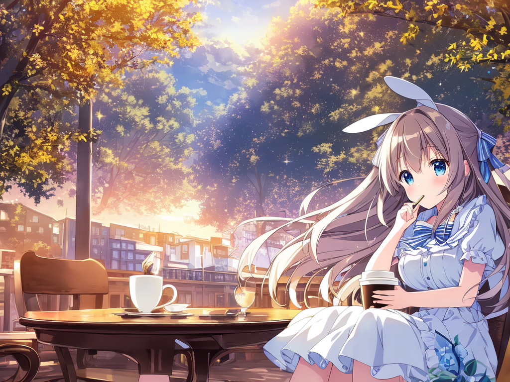 a gild with bunny ears and coffee in her hand sat in front of a table , AnimeChan style.png