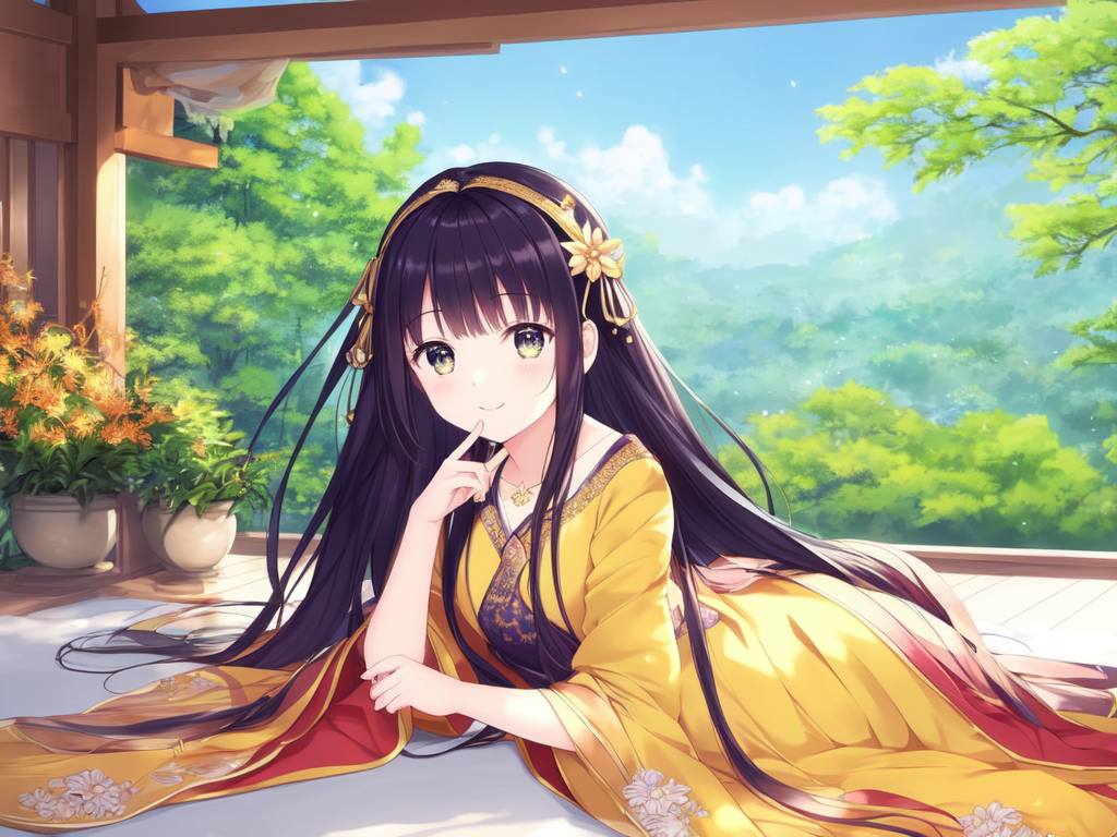 a girl biting her finger with a window and a lanscape in the background , AnimeChan style.png