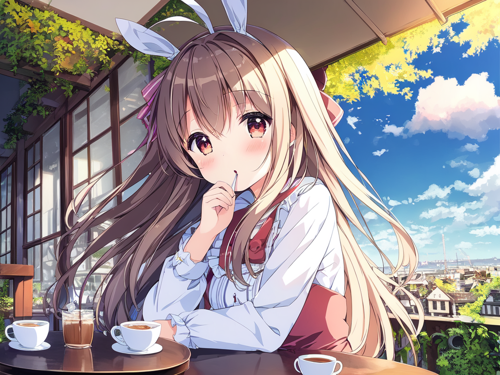 a girl biting her lip during a sunny day inside a room with coffee on the table , AnimeChan style.png