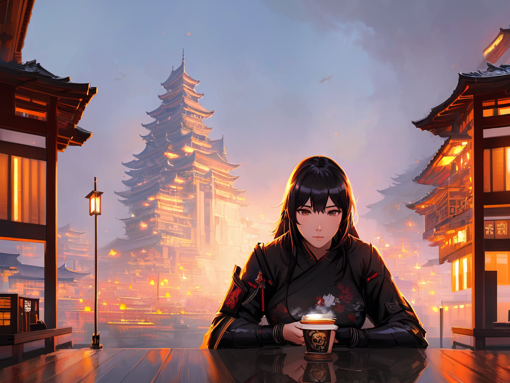a girl drinking coffee in a chineese town , AnimeChan style.png
