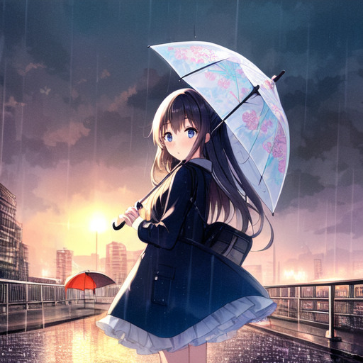 a girl under an umbrela under the rain on a road , AnimeChan style.png