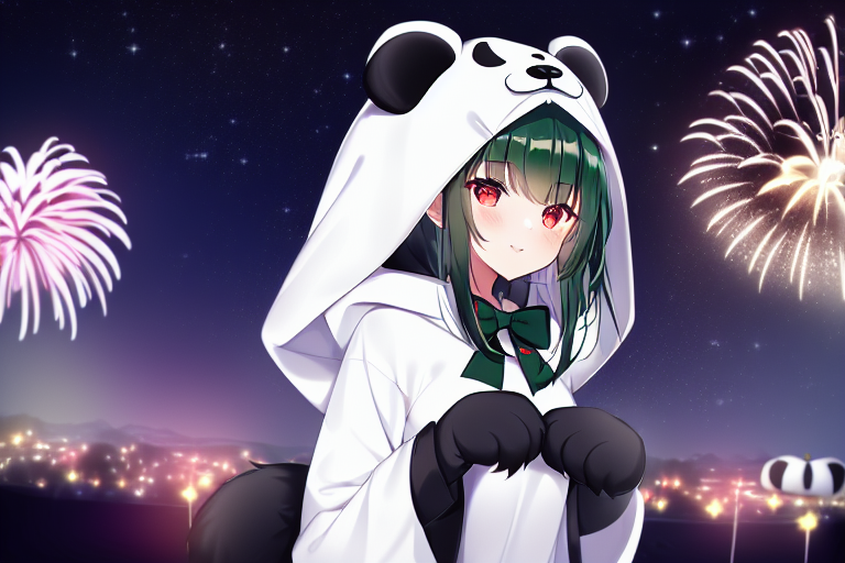 a girl with a panda hoody and fireworks in the background , AnimeChan style.png