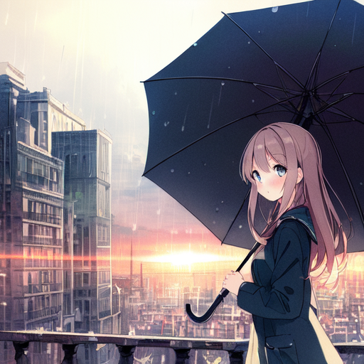a girl with an umbrela looking at the camera with a sunset in the background , AnimeChan style.png