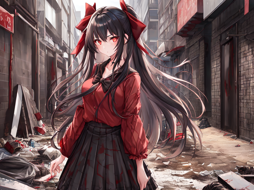 a girl with glowing eyes and covered in blood in a devasted street , AnimeChan style.png