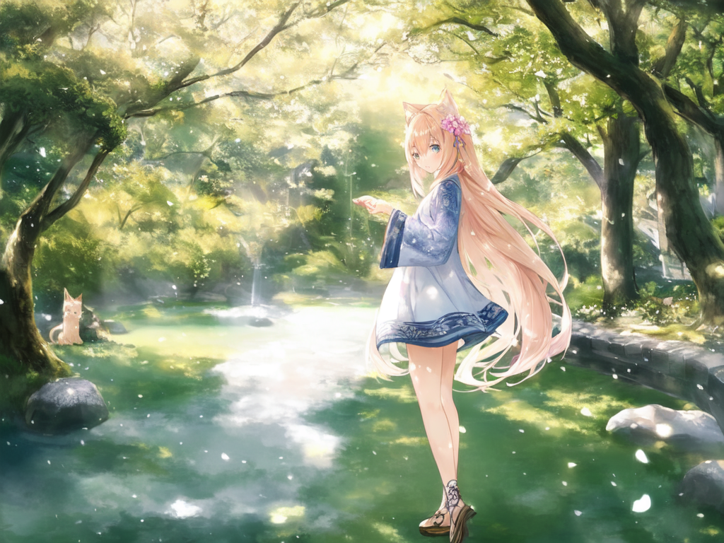 a girl with long hair on a shiny day in the forest , AnimeChan style.png