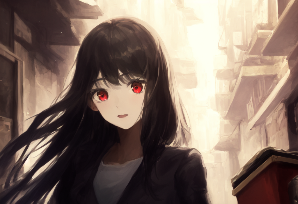 a girl with red eyes and a yellow background , AnimeChan style.png