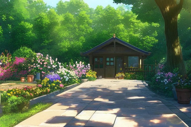 a lodge house in a forest with a paved path and flowers , AnimeChan style.png