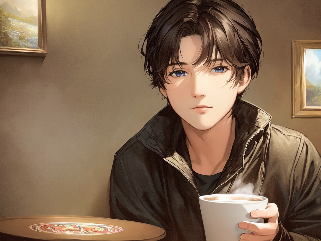 a man drinking cofee in a room and looking at the camera , AnimeChan style.png