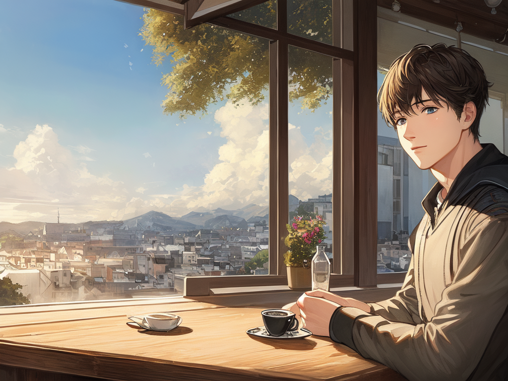 a man smiling and drinking coffee with a landscape in the background , AnimeChan style.png