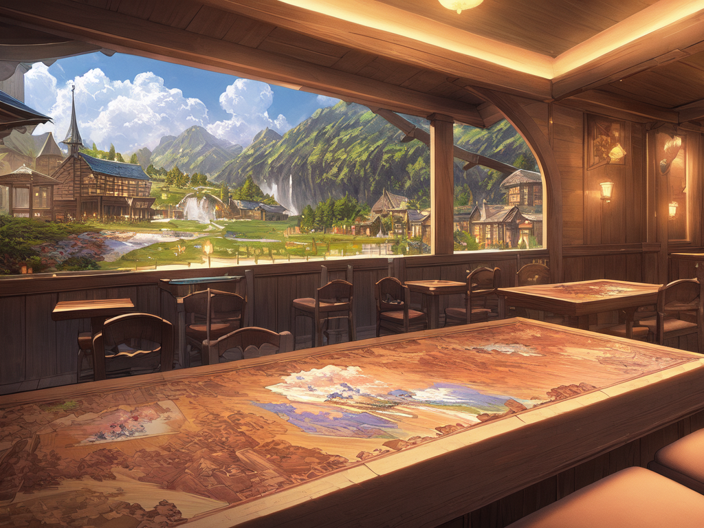 a map on a table with a village and mountain in the background , AnimeChan style.png