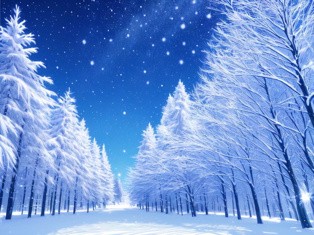 a night sky landscape with stars and trees covered in snow , AnimeChan style.png