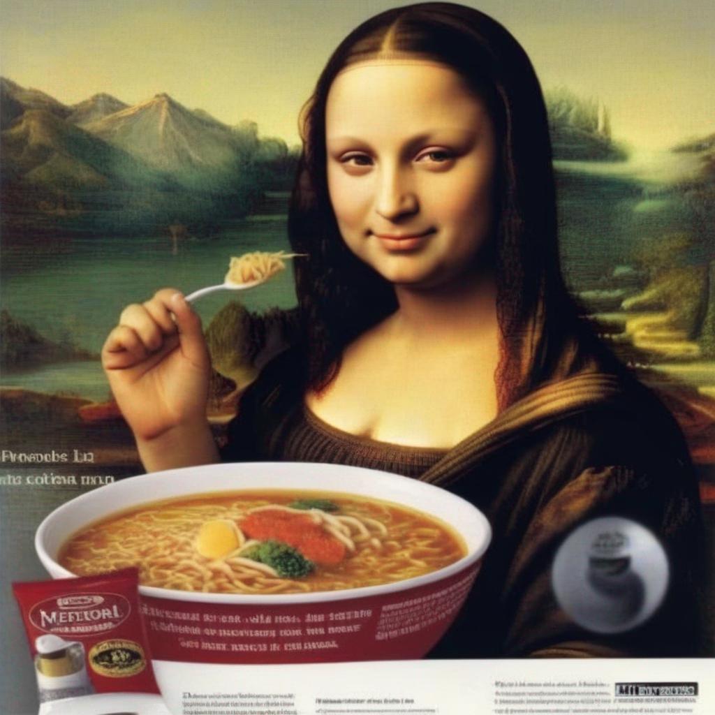 <s0><s1> ad of the Mona Lisa eating ramen.jpeg